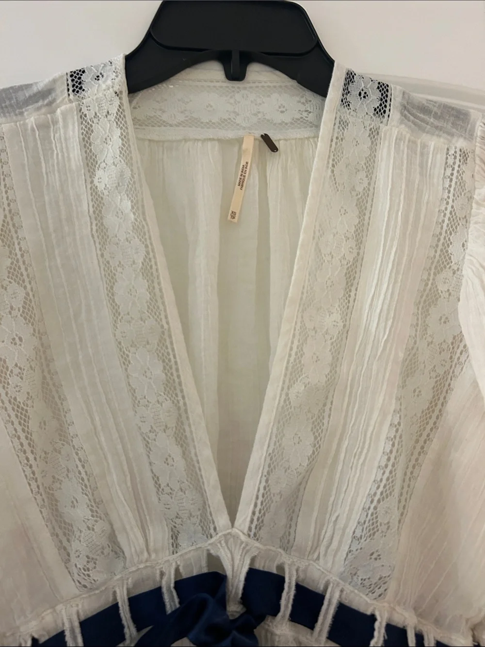 Free People Ivory Lace Peasant Top with Navy Ribbon